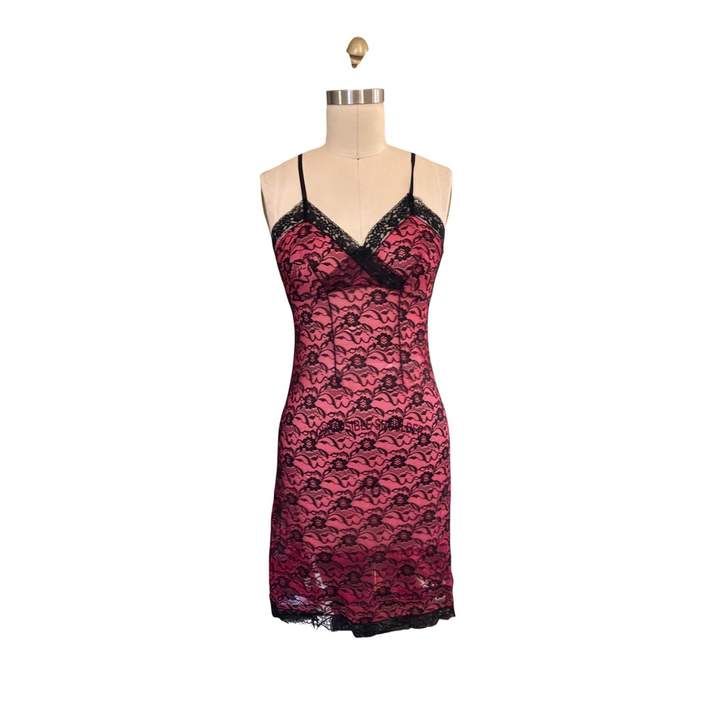 50s Black Lace Hot Pink Fuchsia Slip Dress Pinup Boudoir Lingerie S Vintage